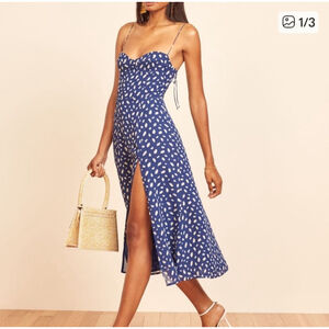 REFORMATION Juliette Blue White Spotted Midi Dress Size 0
